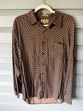 Vintage M.E. Sport Geometric Rayon Button Down Shirt Long Sleeve Brown Cream L